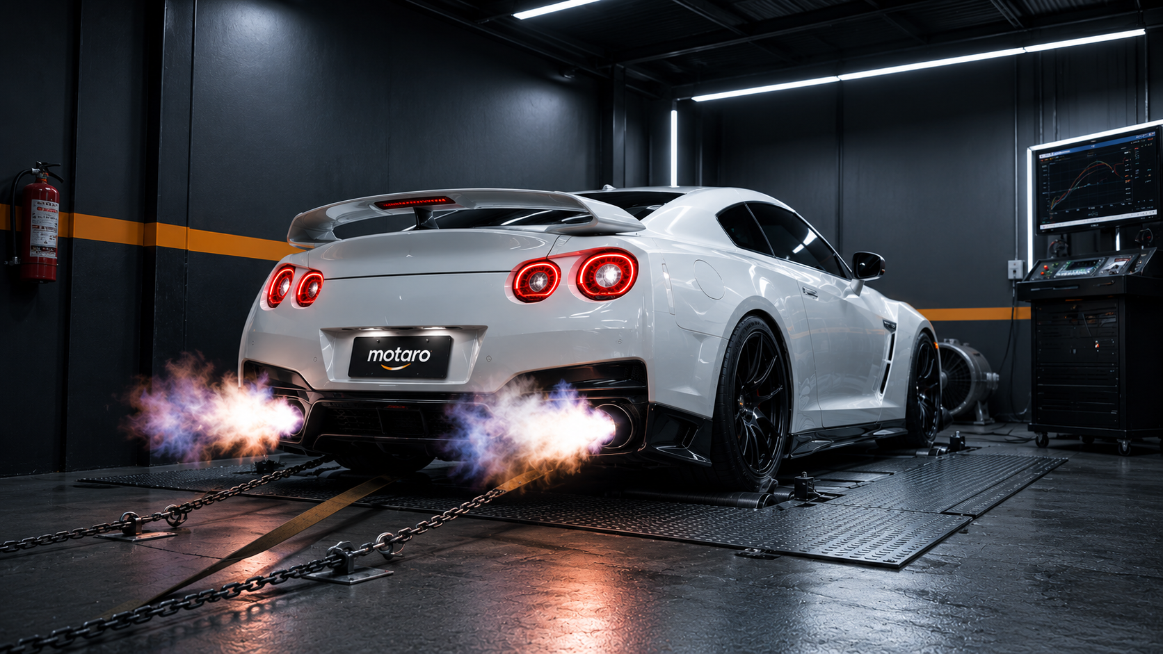 White tuned Nissan GT-R on a performance dyno